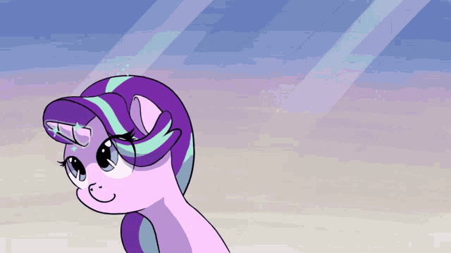a cartoon drawing of a purple pony with a unicorn horn