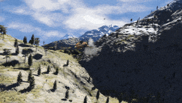 a helicopter is flying over a mountain with trees on the side