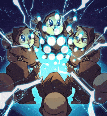 a cartoon of a group of squirrels with lightning coming out of them