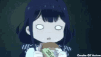 a cartoon girl is eating a hamburger with her mouth open and making a funny face .