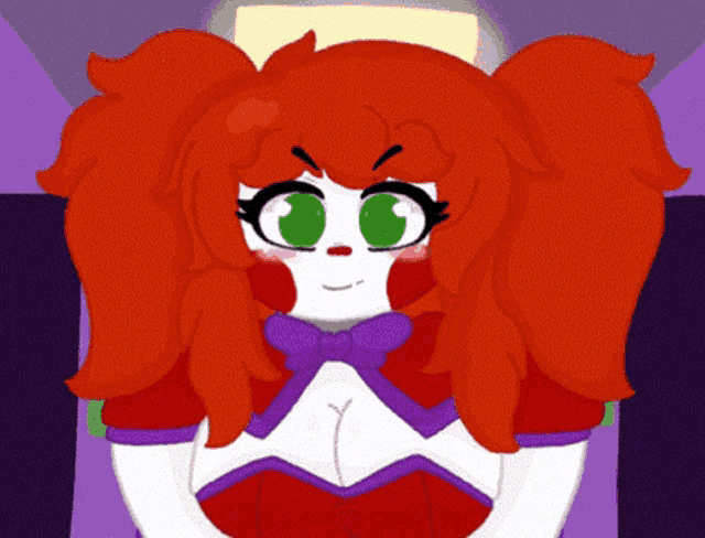 a girl with red hair and green eyes is wearing a purple bow tie