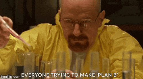 a man with glasses and a beard is pouring liquid into a beaker and says everyone trying to make plan b