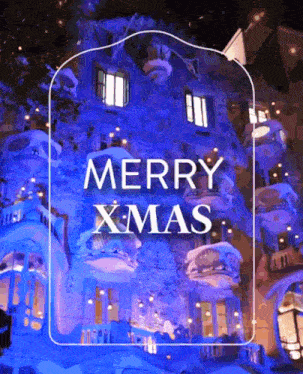 a blue building with the words merry xmas written on it