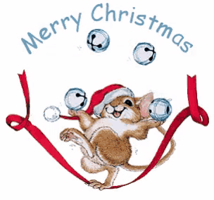 a mouse wearing a santa hat is juggling bells and a red ribbon with merry christmas written around it