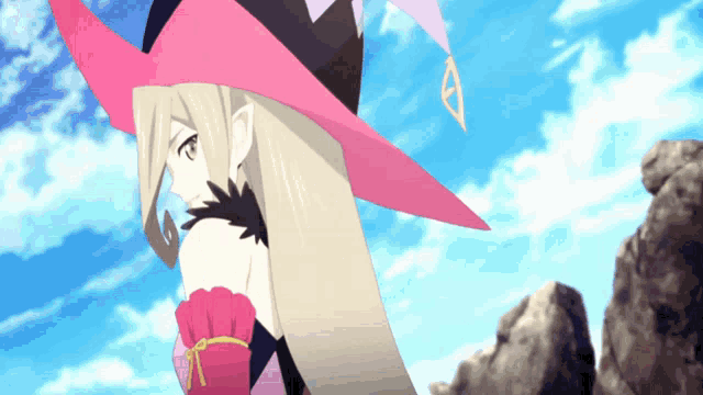 a girl with long blonde hair wearing a pink and purple witch hat