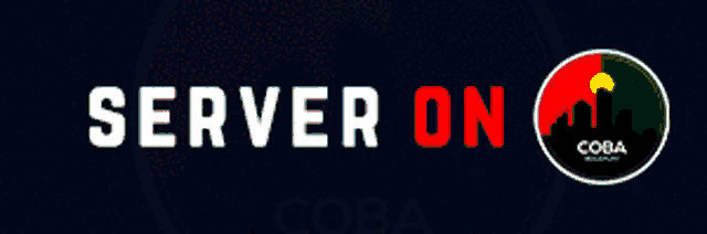 a banner that says " server on " with a city in the background