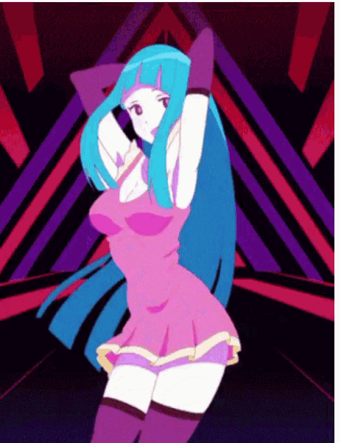 a cartoon girl with long blue hair is dancing