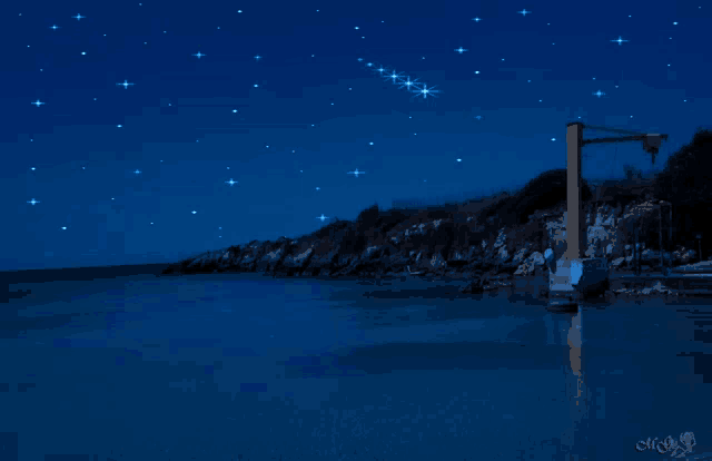 a painting of a starry night sky over a body of water with the name alice on the bottom