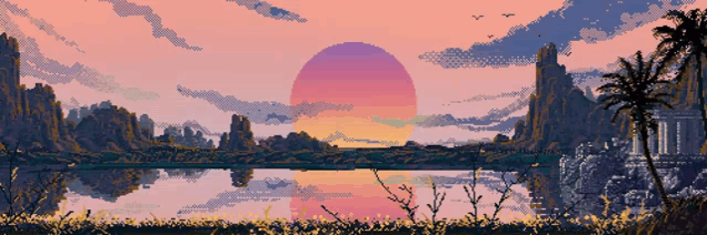 pixel art of a sunset over a lake with mountains in the background