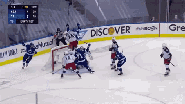 a hockey game is being played with ads for discover and empty net in the background