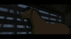 a cartoon horse is standing in a stable with a wooden fence