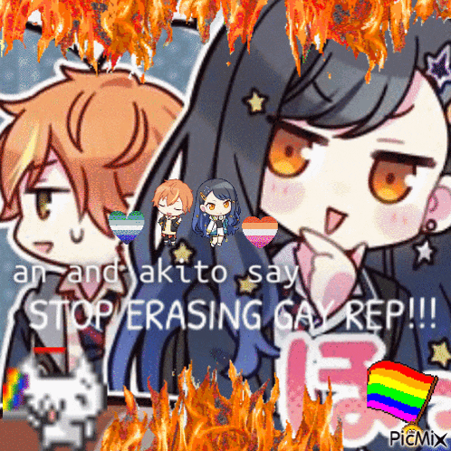a couple of anime characters standing next to each other with a rainbow flag in the foreground