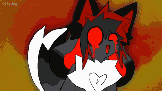a drawing of a cat with red eyes and a heart on its chest