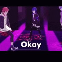 a group of anime characters are dancing on a stage with the words `` okay '' written on it .