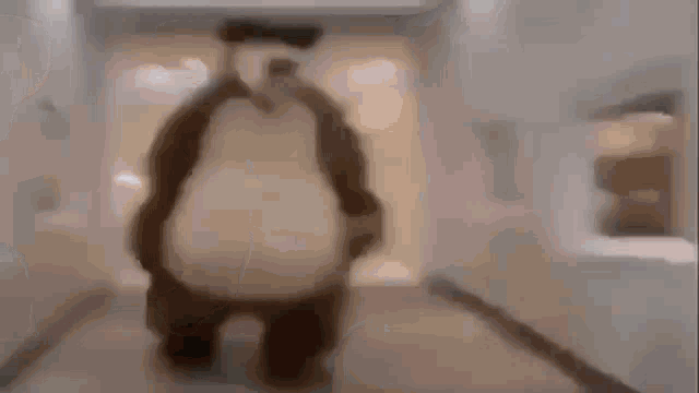 a teddy bear is walking down a hallway in a building .
