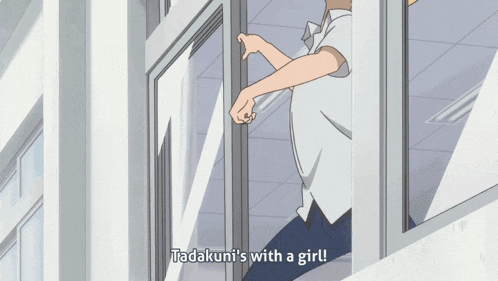 a cartoon character says " tadakin 's with a girl " in front of a window