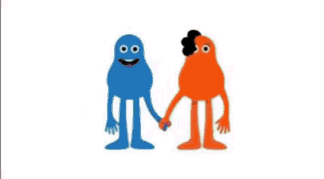 a purple monster and an orange monster are standing next to each other .