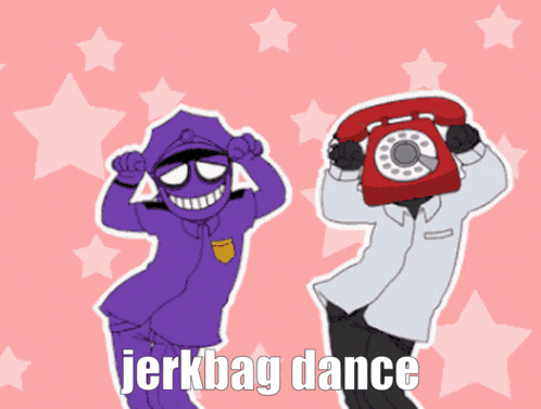a cartoon of a man holding a red telephone with the words " jerkbag dance " below him