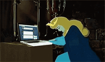 a cartoon of a woman sitting at a desk with a laptop