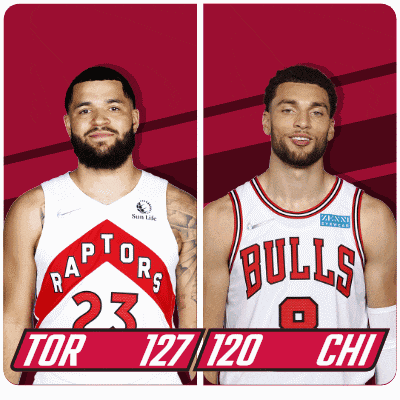 two basketball players from the bulls and raptors are standing next to each other