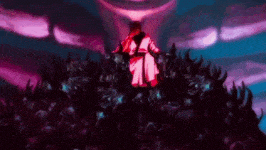 a person is standing on top of a pile of skulls in a dark room surrounded by flames .
