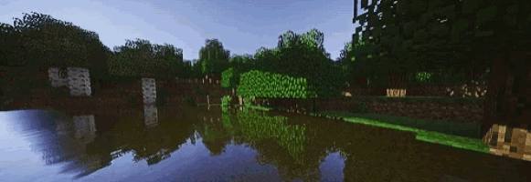 a computer generated image of a river surrounded by trees and a stone wall