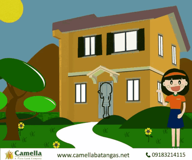 a cartoon of a girl standing in front of a house with the website www.camellabatangas.net