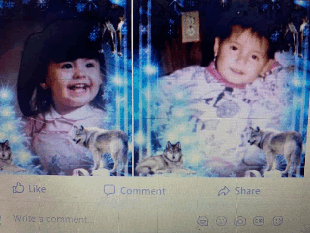 a picture of a little girl with wolves and the words like comment share and write a comment