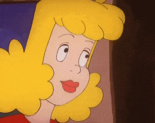 a close up of a cartoon character with blonde hair and red lipstick .