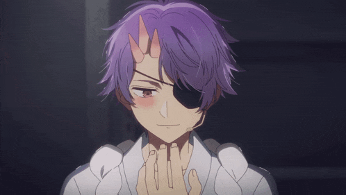 a purple haired anime character with a bandage on one eye