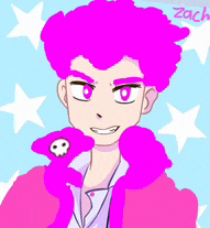 a drawing of a boy with pink hair and the name zach on the bottom right