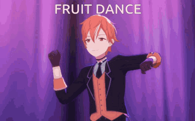 a boy in a suit is dancing with the words fruit dance behind him