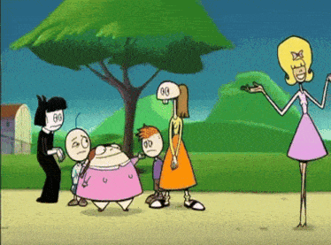 a group of cartoon characters are standing in a park with one of them wearing a hat with the number 00 on it