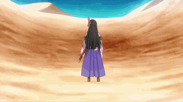 a girl in a purple skirt stands in a desert holding a sword