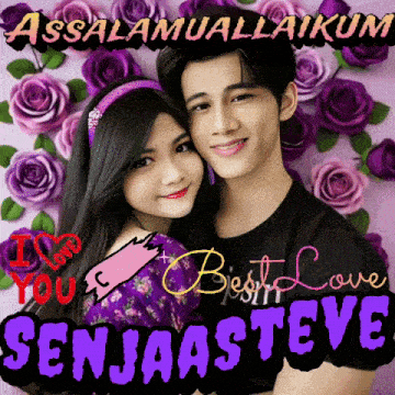 a picture of a man and a woman with purple roses behind them and the words assalamualaikum