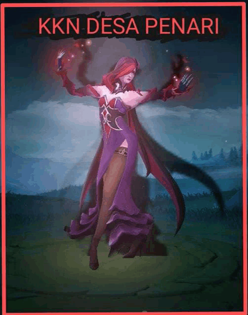 a woman in a purple dress is standing in a field holding a sword .