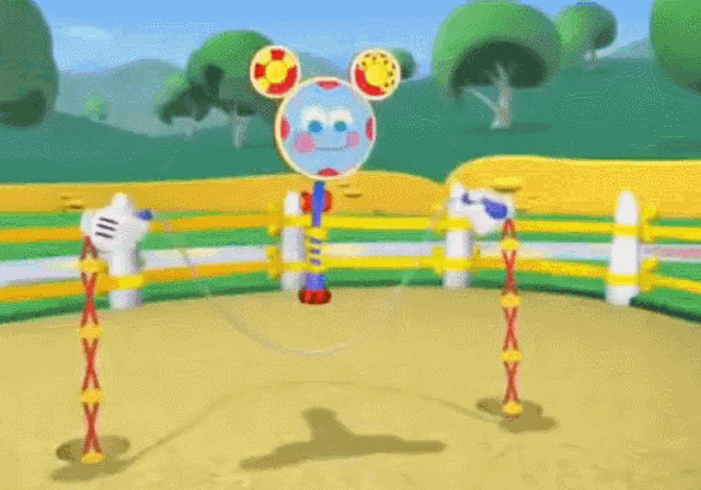 a cartoon drawing of mickey mouse standing in a circle with trees in the background