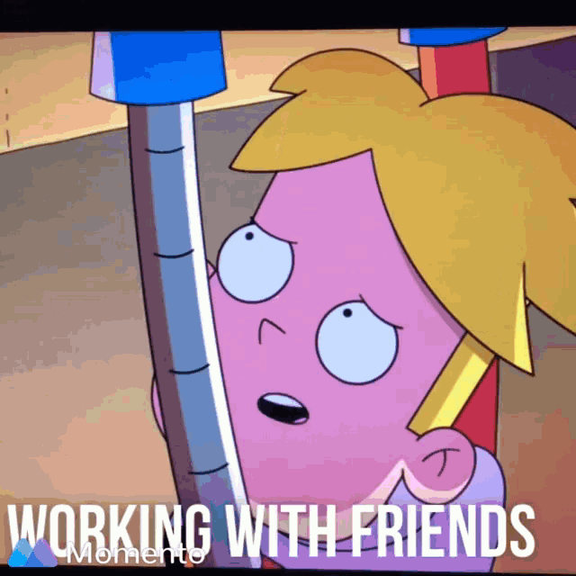 a cartoon character with the words " working with friends " below it
