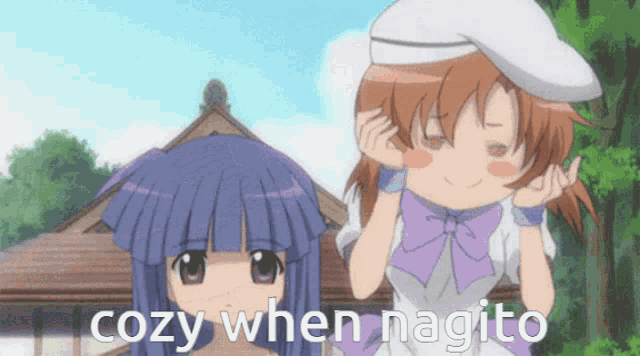 a picture of two anime girls with the words cozy when nagito on the bottom