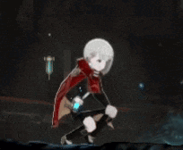 a cartoon character with white hair and a red cape is squatting down