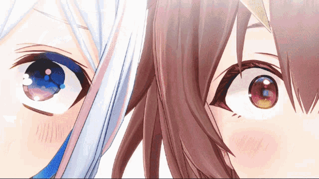 a close up of a girl 's eyes with a white haired girl and a brown haired girl