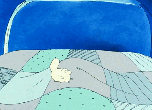 a cartoon drawing of a cat laying on a bed with a blue background
