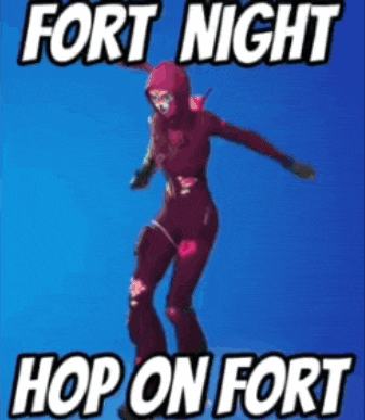 a video game character is dancing with the words fort night hop on fort written on the bottom