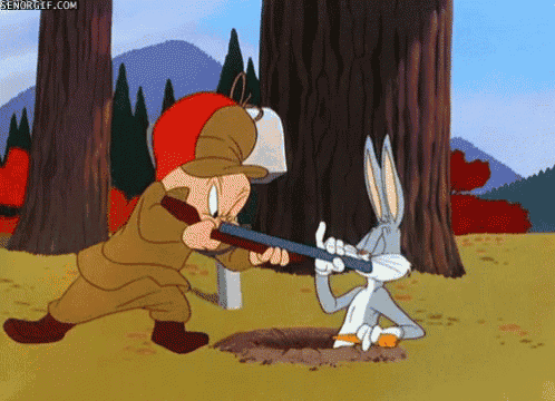 a cartoon of bugs bunny and elmer fudd fighting with a rifle