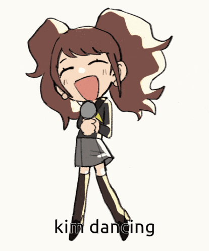 a drawing of a girl holding a microphone with the words kim dancing written below her
