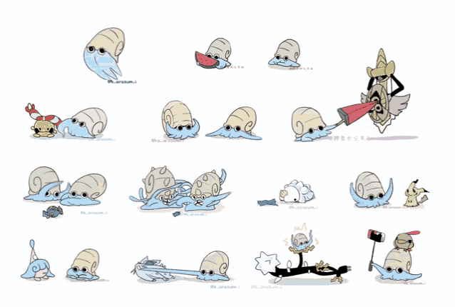 a bunch of drawings of snails on a white background with chinese writing on the bottom