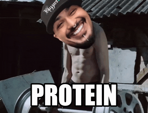 a shirtless man is lifting a barbell and the word protein is on the bottom