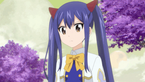 a girl with blue hair and red horns is wearing a white shirt and a bow tie