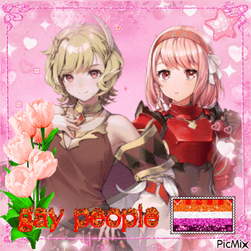 two anime girls are standing next to each other with the words gay people written in red