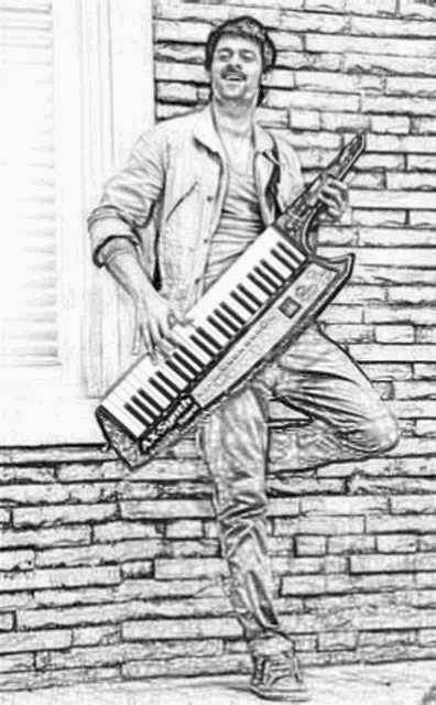 a black and white drawing of a man standing in front of a brick wall holding a keyboard .